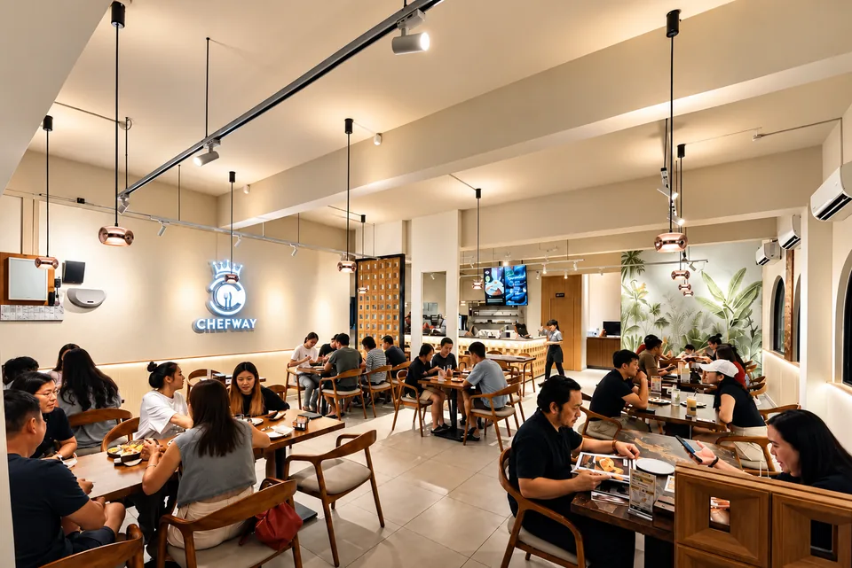 Inside Chefway Café: warm wood tables, cream plaster and pendant lights